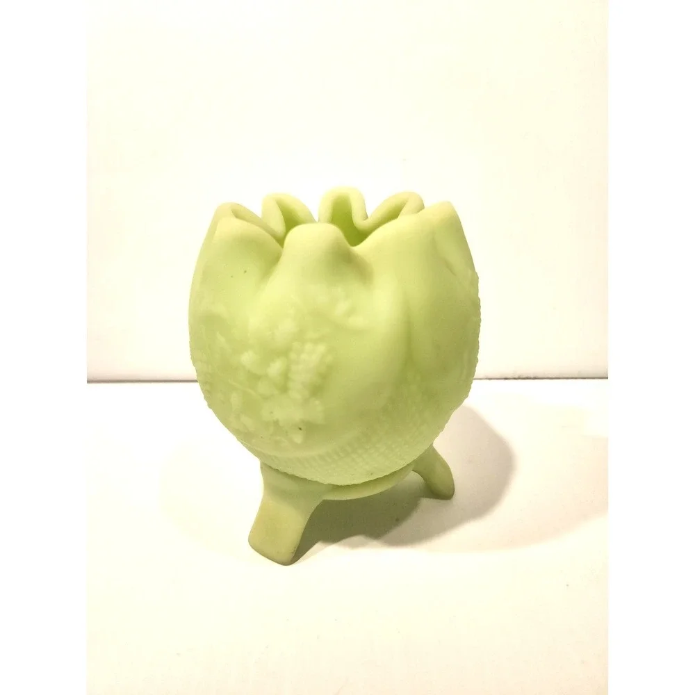 Vintage Fenton Uranium Green Satin Glass Grape/Rose Bowl Footed Vase 4